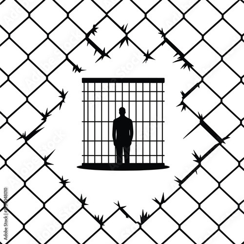 Prison silhouette concept showing man behind bars and barbed wire fence, freedom loss and confinement symbol isolated on white
