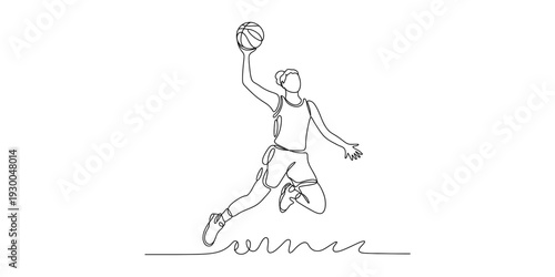Minimalist black and white line art illustration of a basketball player jumping to dunk a ball Vector, illustration
