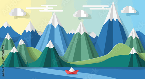 Flat, colorful landscape with mountains, clouds, and a boat