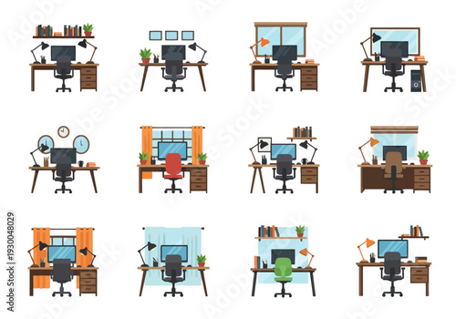 Collection of Home Office Desks with Computers and Accessories Showing Different Workspaces for Remote Employees and Freelancers and Study Areas