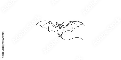 A simple black and white line drawing of a bat with its wings spread wide on a white background. Vector, illustration