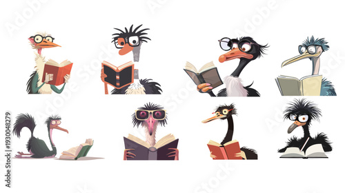 Geek ostrich reading a book vector illustration, cute nerd bird character isolated on white background with clean flat design