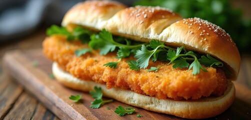 Fried fish sandwich with parsley on bun. Served on wood table in casual cafe. Crispy breaded seafood filet is juicy filling. Delicious snack.