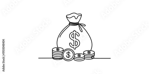 One line drawing of a money bag with a dollar sign and stacks of coins on a white background. Vector, illustration