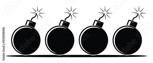 Four black cartoon bombs with lit fuses lined up on a white background