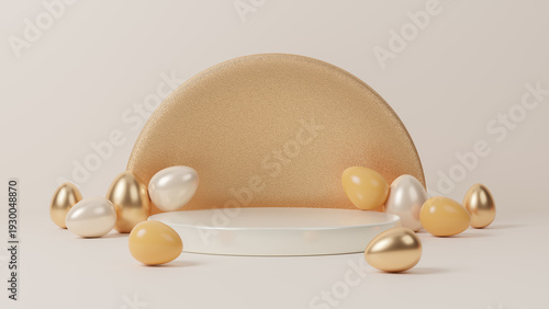 Easter eggs podium for product presentation, happy easter day concept, minimal scene with pedestal and egg, Easter day with geometry platform for product, showcase on pedestal display, 3d rendering