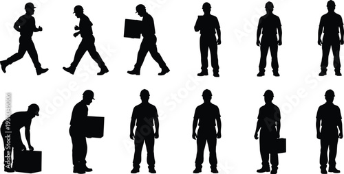 Construction worker silhouettes set, builder carrying tools and boxes isolated on white background industrial labor collection