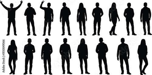 Casual people silhouettes set, men and women standing and posing isolated on white background collection