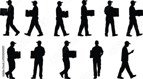 Courier delivery man silhouettes set, worker carrying parcels and boxes isolated on white background logistics collection