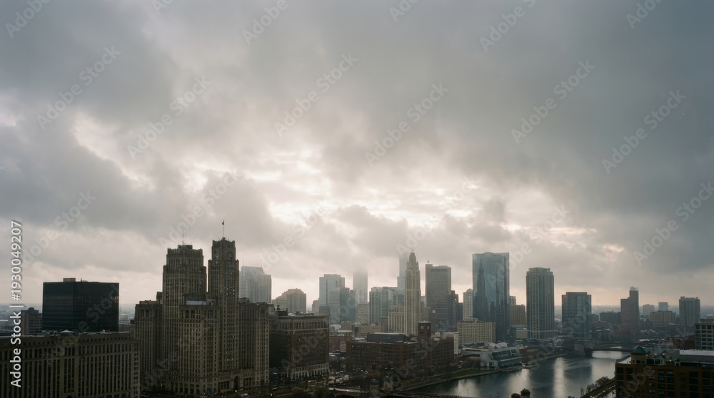 Fototapeta premium Overcast Urban City Skyline With River And Modern Buildings