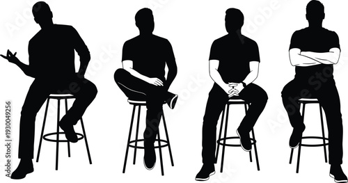Man sitting on stool silhouettes set, casual male poses isolated on white background people collection
