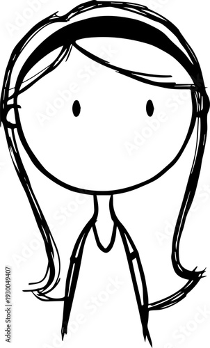 Hand Drawn Cute Cartoon Girl Black and White Avatar Illustration in Minimal Line Art Style Design