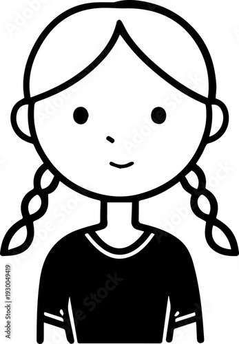 Hand Drawn Cute Cartoon Girl Black and White Avatar Illustration in Minimal Line Art Style Design