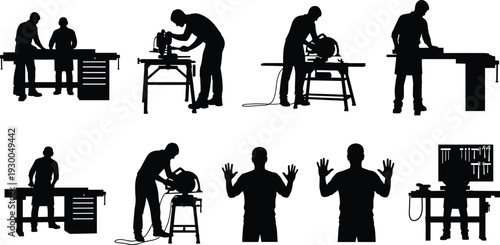 Workshop worker silhouettes set, carpenters and technicians using tools and machines isolated on white background collection