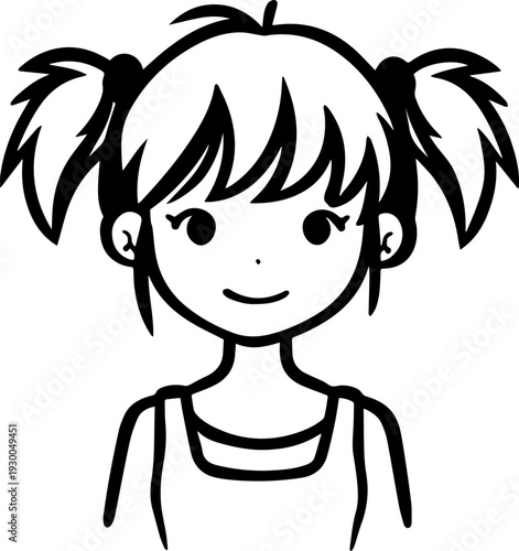 Hand Drawn Cute Cartoon Girl Black and White Avatar Illustration in Minimal Line Art Style Design