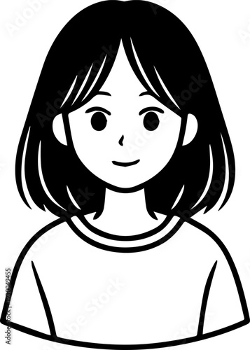 Hand Drawn Cute Cartoon Girl Black and White Avatar Illustration in Minimal Line Art Style Design