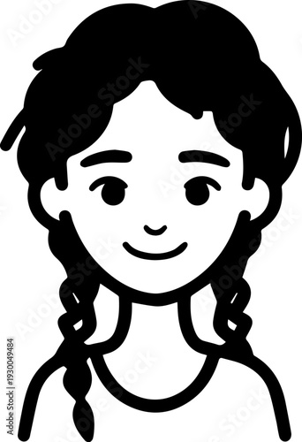 Hand Drawn Cute Cartoon Girl Black and White Avatar Illustration in Minimal Line Art Style Design