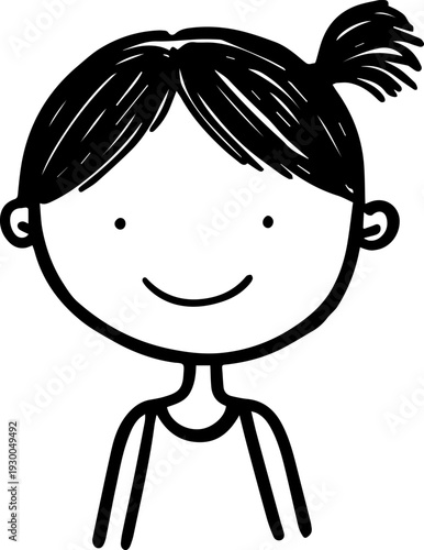 Hand Drawn Cute Cartoon Girl Black and White Avatar Illustration in Minimal Line Art Style Design