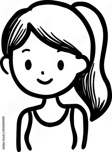 Hand Drawn Cute Cartoon Girl Black and White Avatar Illustration in Minimal Line Art Style Design