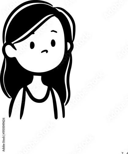 Hand Drawn Cute Cartoon Girl Black and White Avatar Illustration in Minimal Line Art Style Design