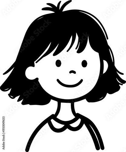 Hand Drawn Cute Cartoon Girl Black and White Avatar Illustration in Minimal Line Art Style Design