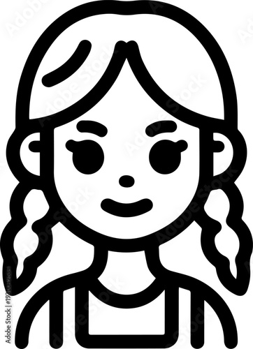 Hand Drawn Cute Cartoon Girl Black and White Avatar Illustration in Minimal Line Art Style Design