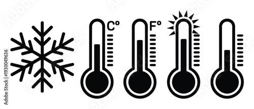Snowflake and Thermometers Showing Cold, Hot, and Moderate Temperatures