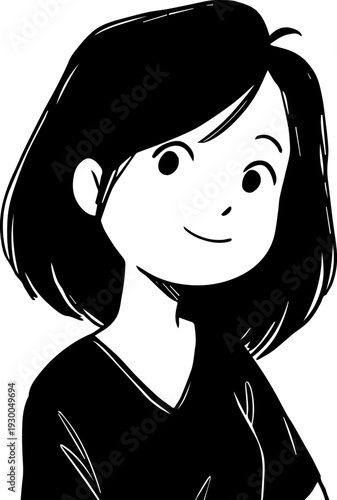 Hand Drawn Cute Cartoon Girl Black and White Avatar Illustration in Minimal Line Art Style Design