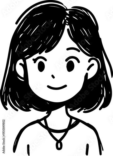 Hand Drawn Cute Cartoon Girl Black and White Avatar Illustration in Minimal Line Art Style Design