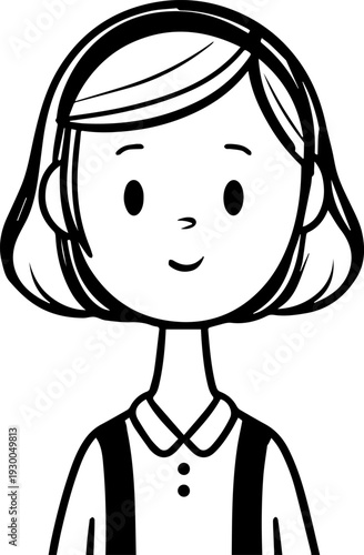 Hand Drawn Cute Cartoon Girl Black and White Avatar Illustration in Minimal Line Art Style Design