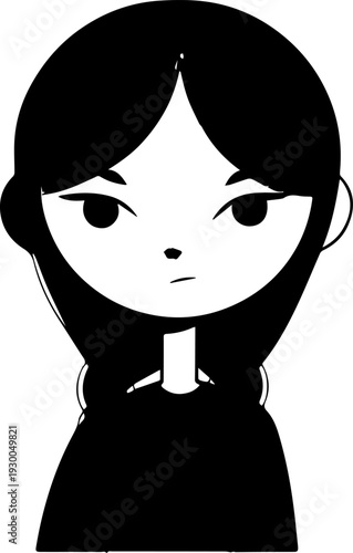 Hand Drawn Cute Cartoon Girl Black and White Avatar Illustration in Minimal Line Art Style Design