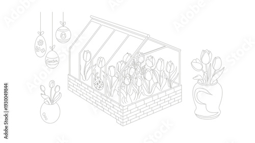 Greenhouse Interior Filled with Tulips and Easter Decorations Detailed Coloring Page Line Art on White Background.