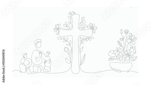 Continuous Line Christian Family Gathering Around Cross Faith and Prayer Vector Illustration on White Background.