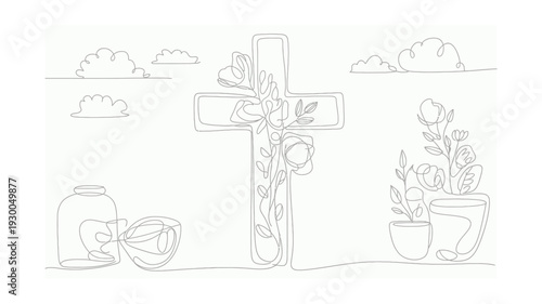 Continuous Single Line Christian Cross Adorned with Flowers and Religious Symbols Elegant Vector Illustration on White Background.