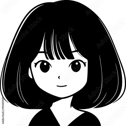 Hand Drawn Cute Cartoon Girl Black and White Avatar Illustration in Minimal Line Art Style Design