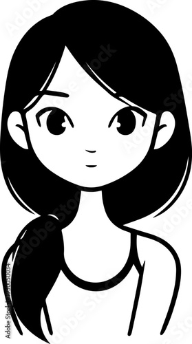 Hand Drawn Cute Cartoon Girl Black and White Avatar Illustration in Minimal Line Art Style Design