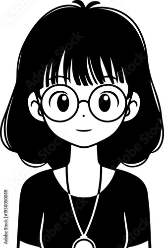 Hand Drawn Cute Cartoon Girl Black and White Avatar Illustration in Minimal Line Art Style Design