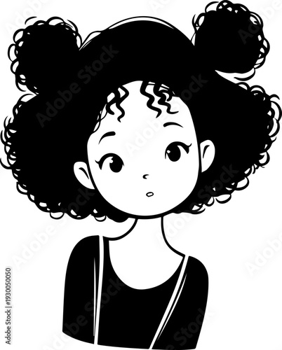 Hand Drawn Cute Cartoon Girl Black and White Avatar Illustration in Minimal Line Art Style Design