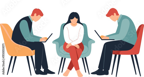 Psychological support for a woman sitting between two men working on laptops, symbolizing mental health care and therapy sessions, offering professional guidance and emotional well-being