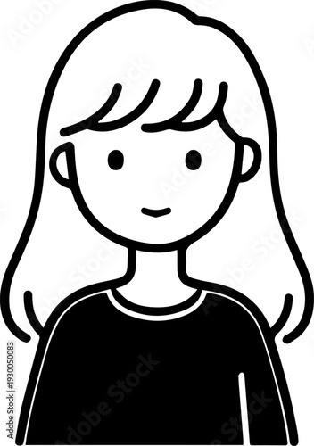 Hand Drawn Cute Cartoon Girl Black and White Avatar Illustration in Minimal Line Art Style Design