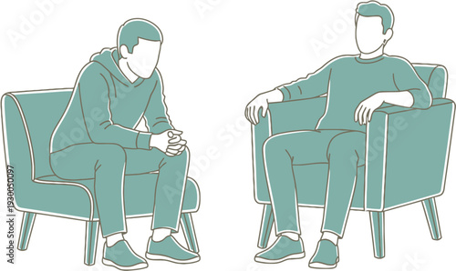 Two people sitting in chairs in a simple illustration, discussing or having a meeting, conveying a sense of conversation and interaction