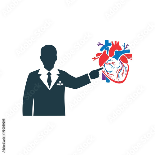 Doctor pointing at human heart illustration.