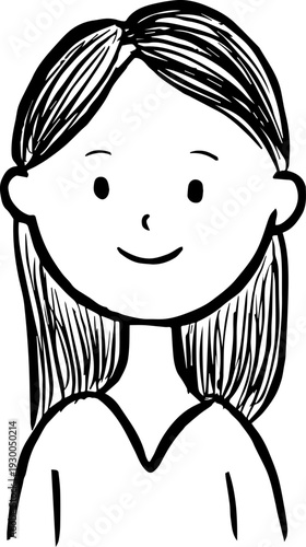Hand Drawn Cute Cartoon Girl Black and White Avatar Illustration in Minimal Line Art Style Design