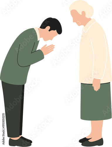 A young man performs a respectful traditional bow to an older woman, illustrating intergenerational reverence and cultural greeting etiquette