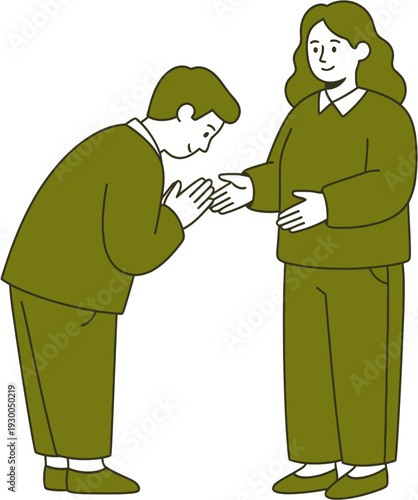 Illustration of a man bowing respectfully to a woman, symbolizing greeting and politeness
