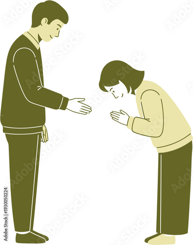 A gentleman and lady bowing to each other as a sign of respect and greeting in a culturally significant gesture of acknowledgment