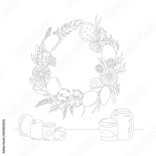 Decorative Easter Egg Wreath with Mason Jars Coloring Page Outline Vector on White Background.