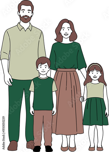 A heartwarming modern family unit illustration featuring a father, mother, son, and daughter standing together, symbolizing unity, domestic harmony, and generational connection