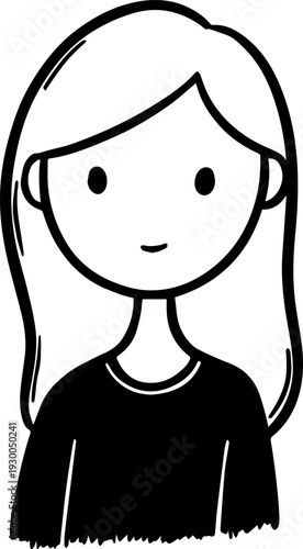 Hand Drawn Cute Cartoon Girl Black and White Avatar Illustration in Minimal Line Art Style Design