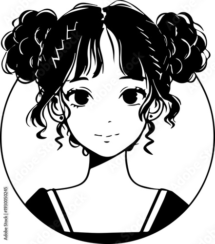 Hand Drawn Cute Cartoon Girl Black and White Avatar Illustration in Minimal Line Art Style Design